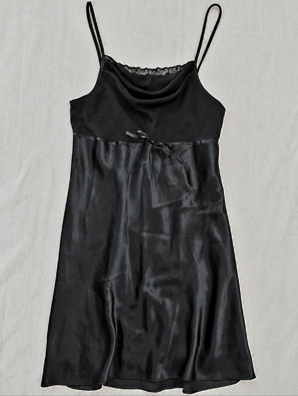 Delicates Black Satin Chemise with Lace Trim Size S